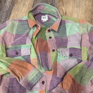 WoMen's Multicolor Plaid Button-Up Shirt Jacket - Green/Purple/Orange BDG